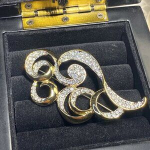 Vintage FAC Gold Tone Rhinestone Scroll Brooch Pin Signed